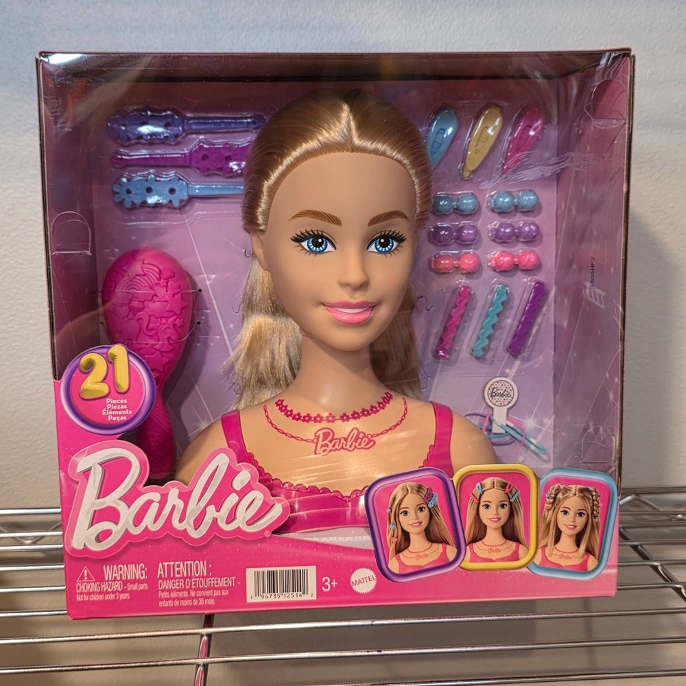 Barbie Styling Head Blonde Hair with 21 Accessories Mattel Full Size New in Box
